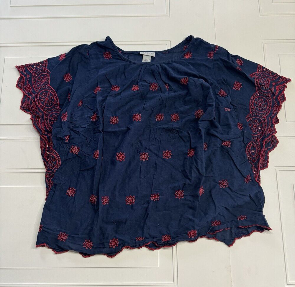 Catherines Size XL Embroidered Eyelet Flutter Sleeve Top 100% Cotton Navy Red